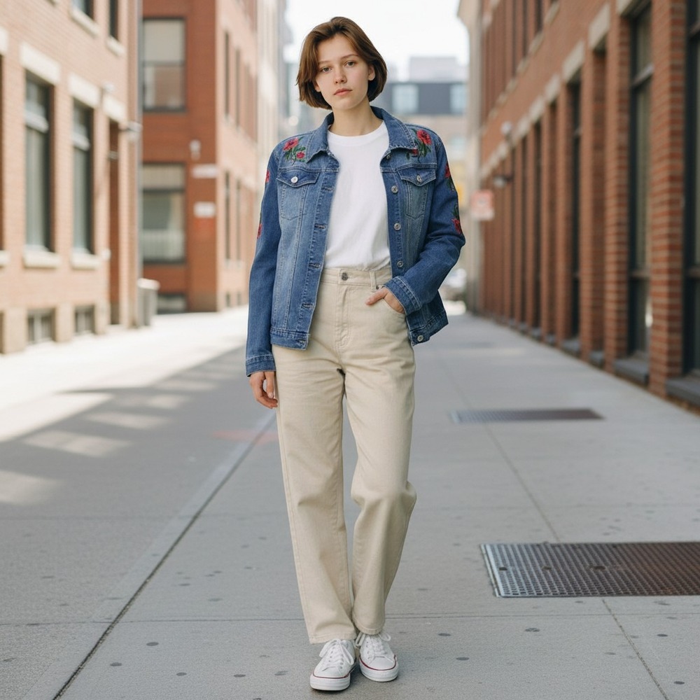 Stylish Denim Jacket with Red Floral Embroidery